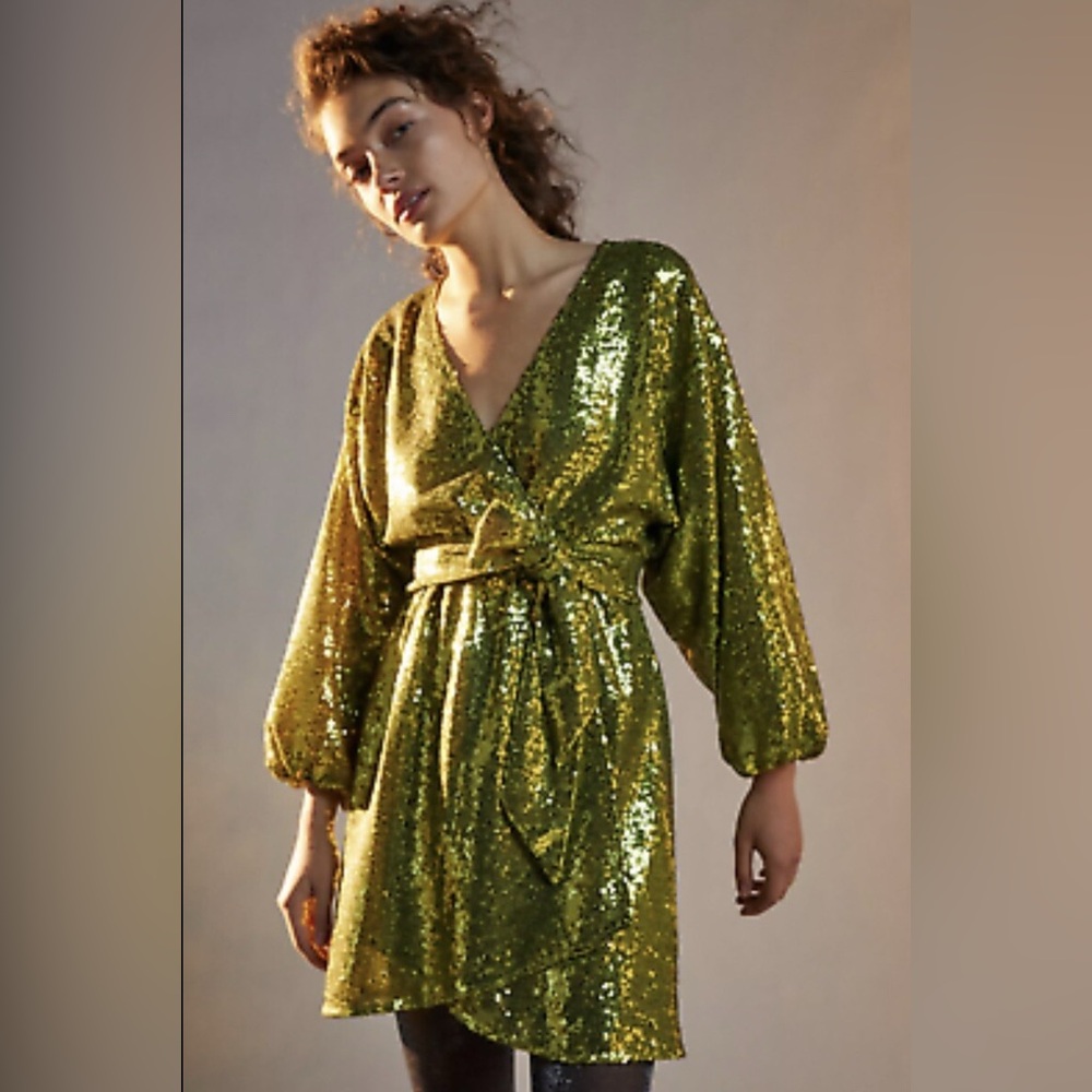 Anthropologie Sparkling Green Sequin Wrap Dress
